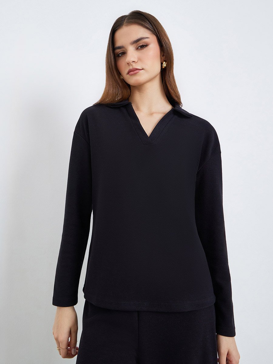 Women Black Open Collar Knit Top and Pants Co-ords