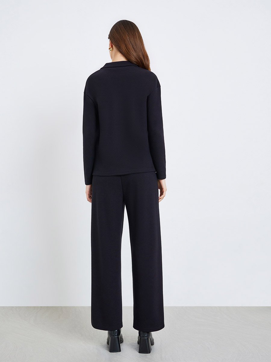 Women Black Open Collar Knit Top and Pants Co-ords