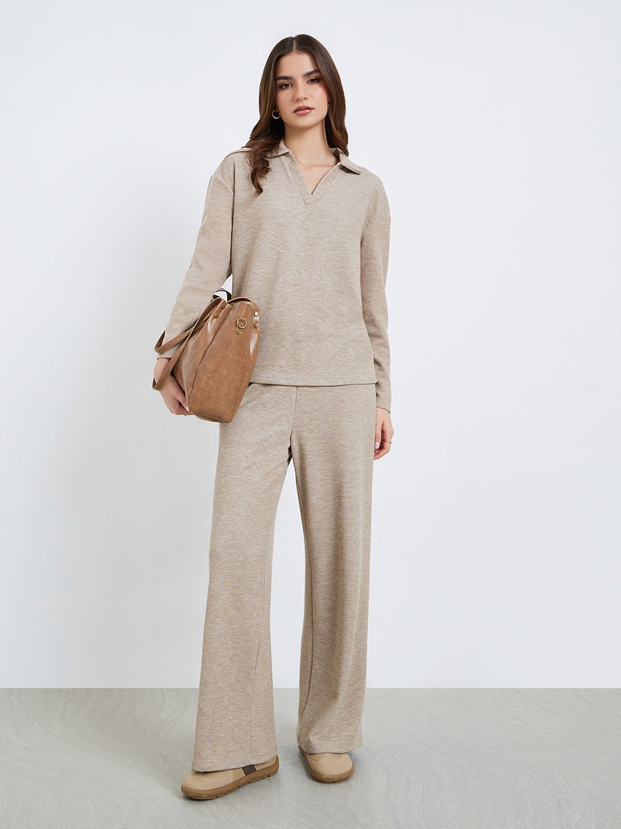 Women Beige Open Collar Knit Top and Pants Co-ords
