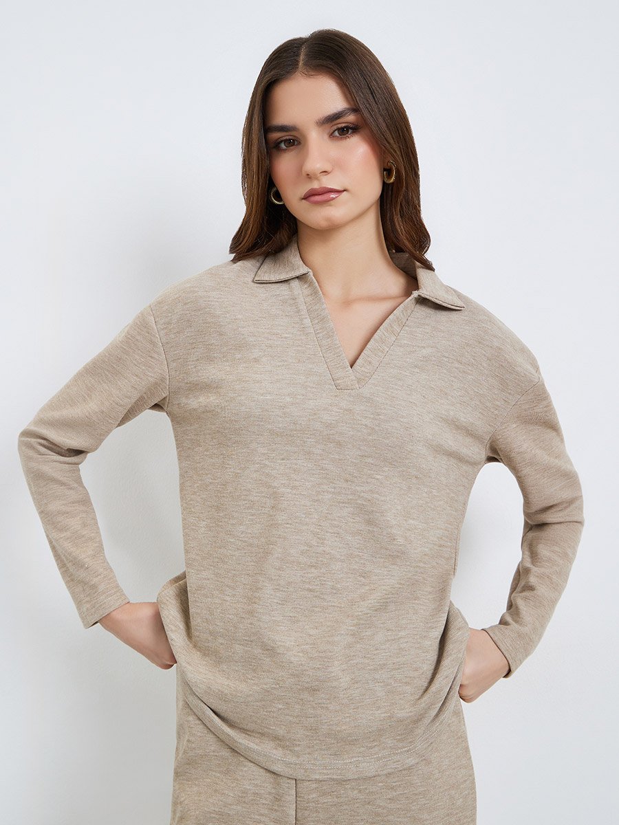 Women Beige Open Collar Knit Top and Pants Co-ords
