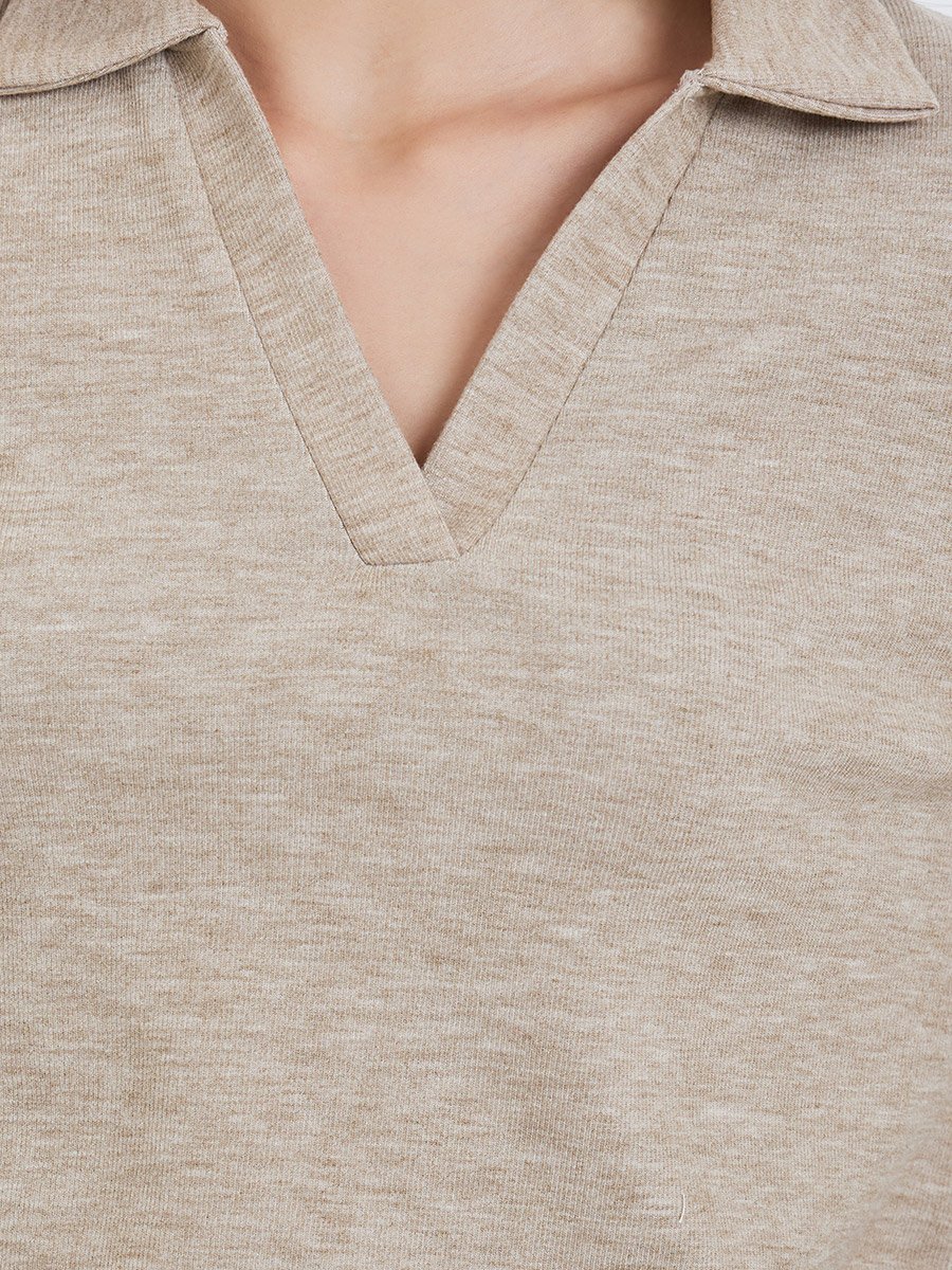 Women Beige Open Collar Knit Top and Pants Co-ords