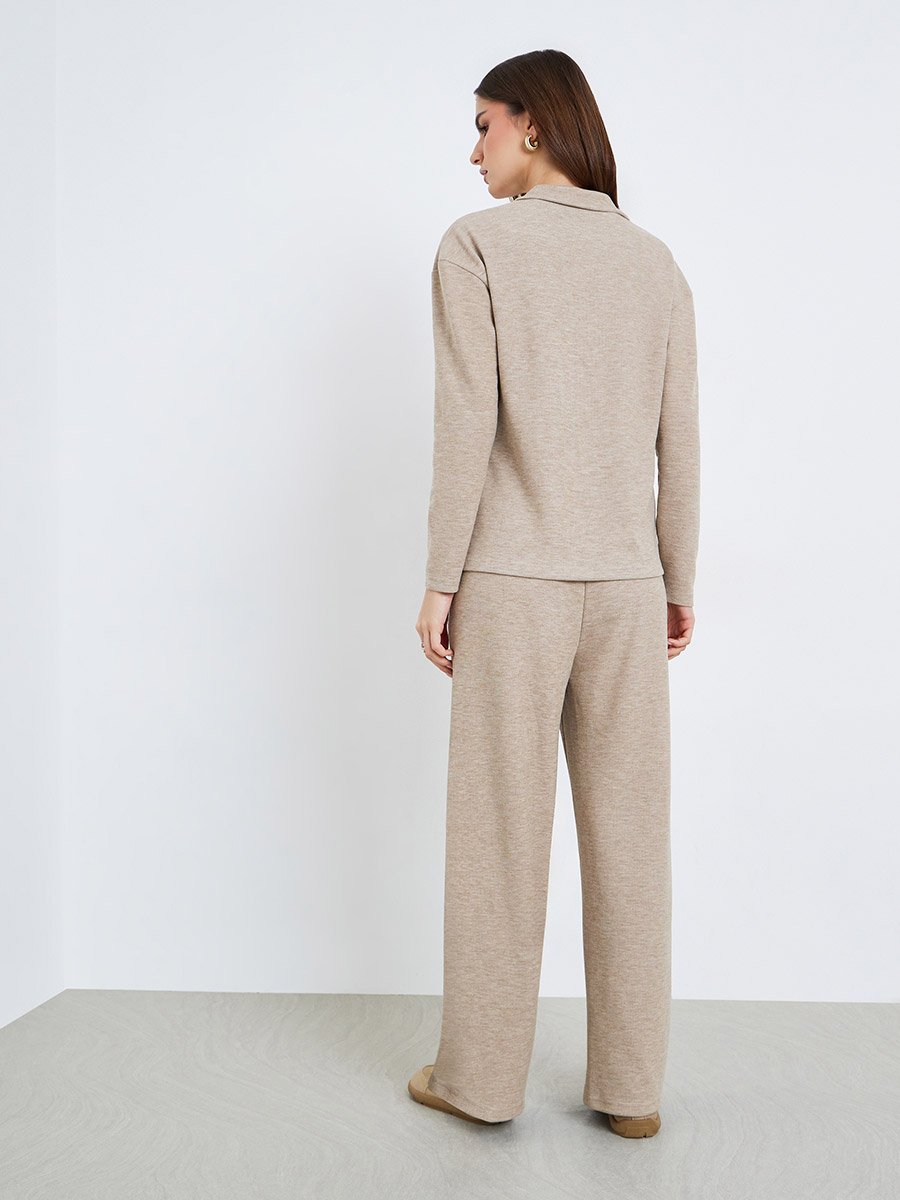 Women Beige Open Collar Knit Top and Pants Co-ords