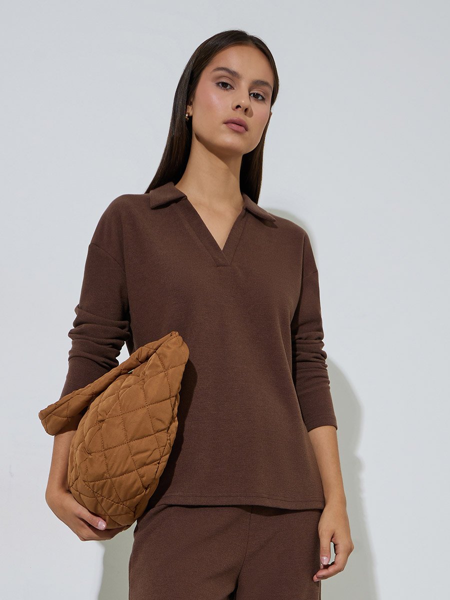 Women Coffee Brown Open Collar Knit Top and Pants Co-ords