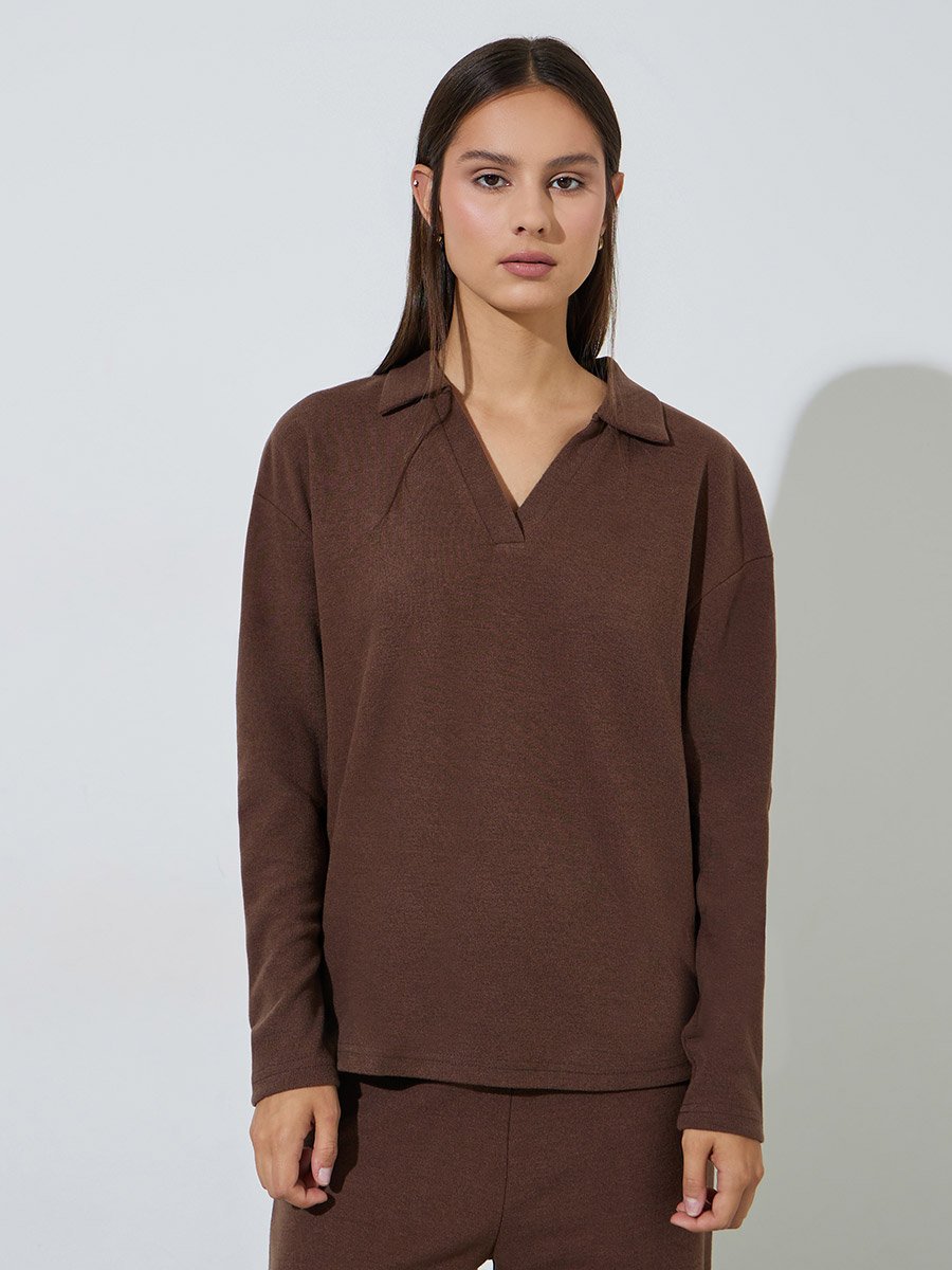 Women Coffee Brown Open Collar Knit Top and Pants Co-ords