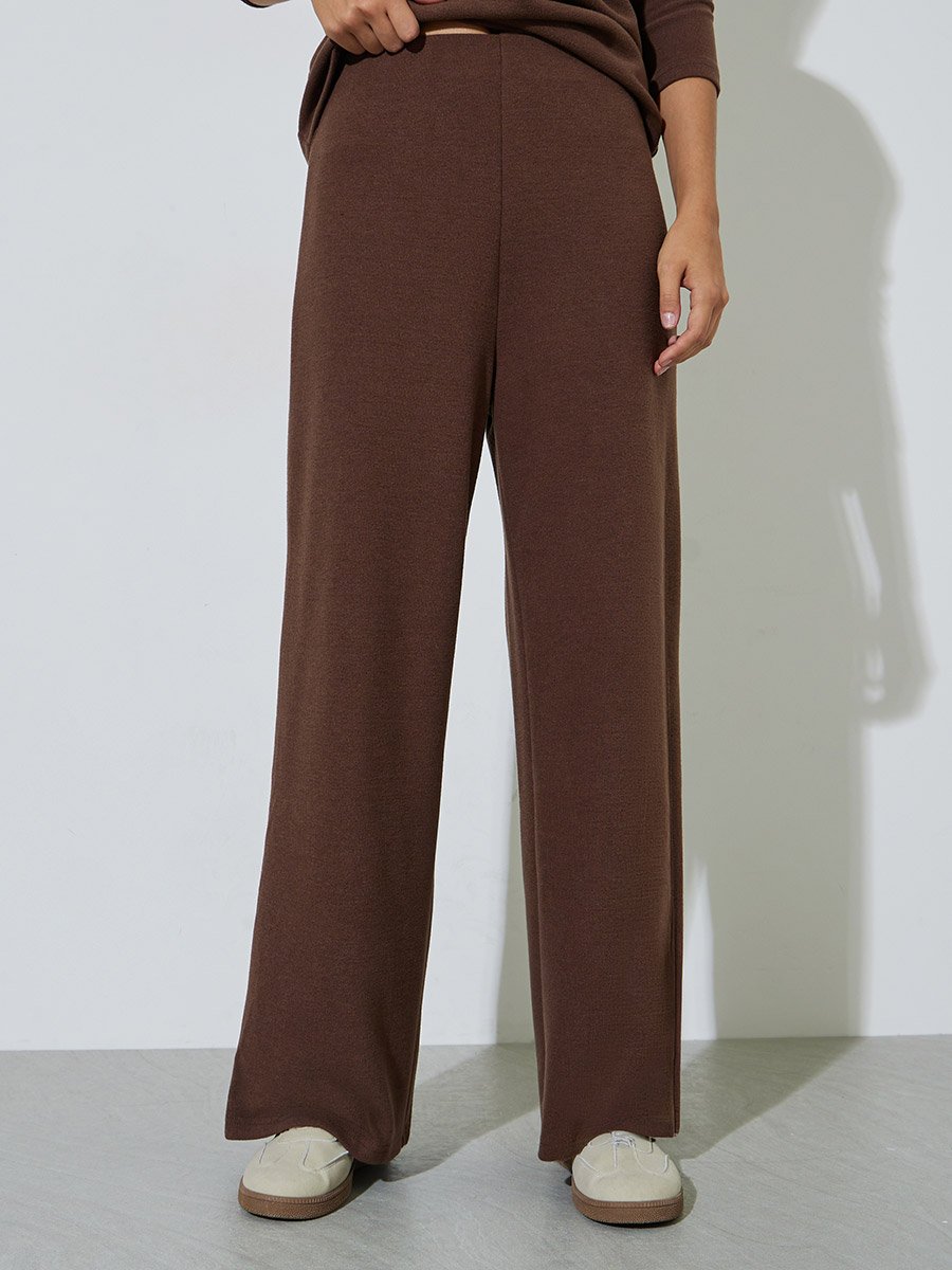 Women Coffee Brown Open Collar Knit Top and Pants Co-ords