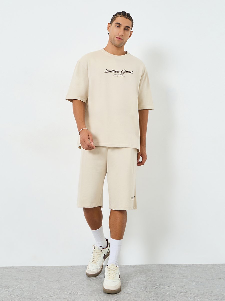 Men Beige Graphic Oversized T-Shirt and Shorts Co-Ords