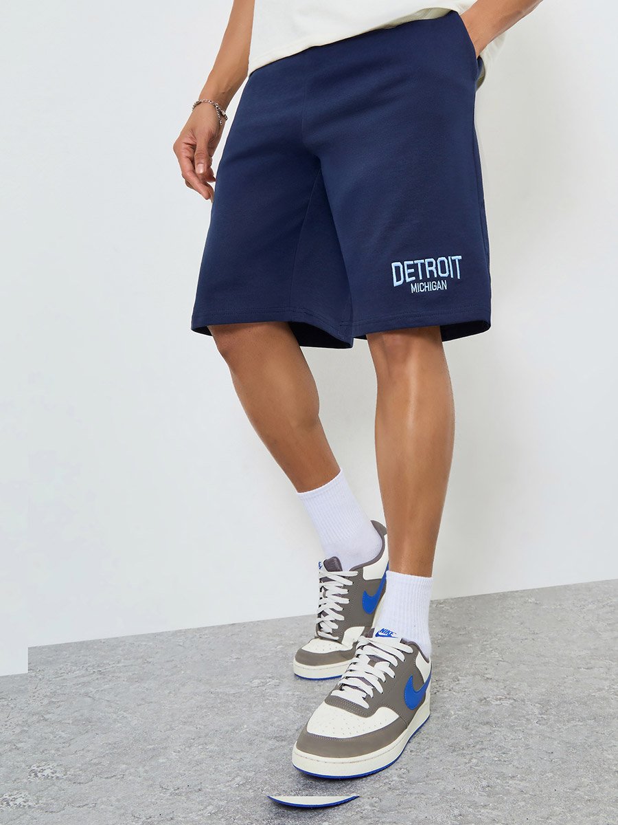 Men Navy Blue Embroidered Shorts