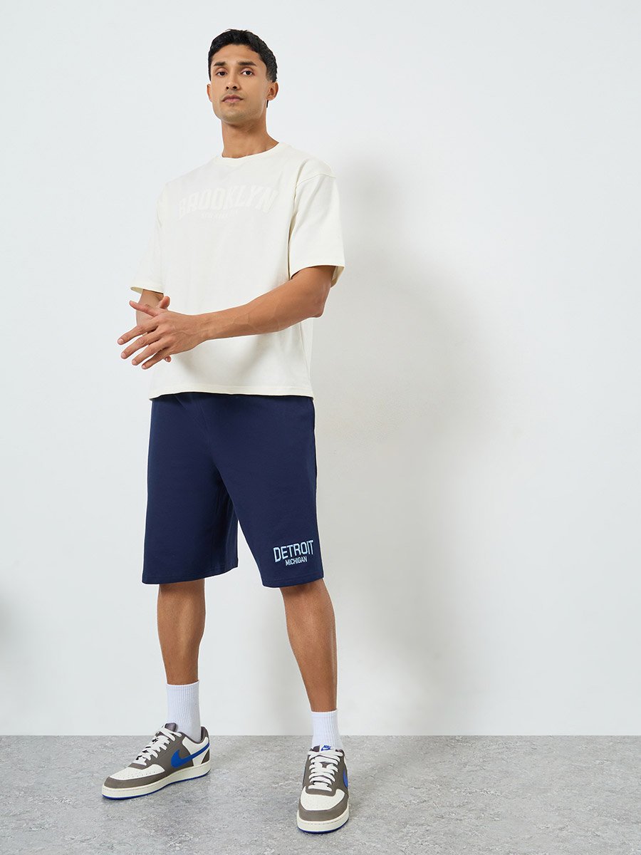 Men Navy Blue Embroidered Shorts