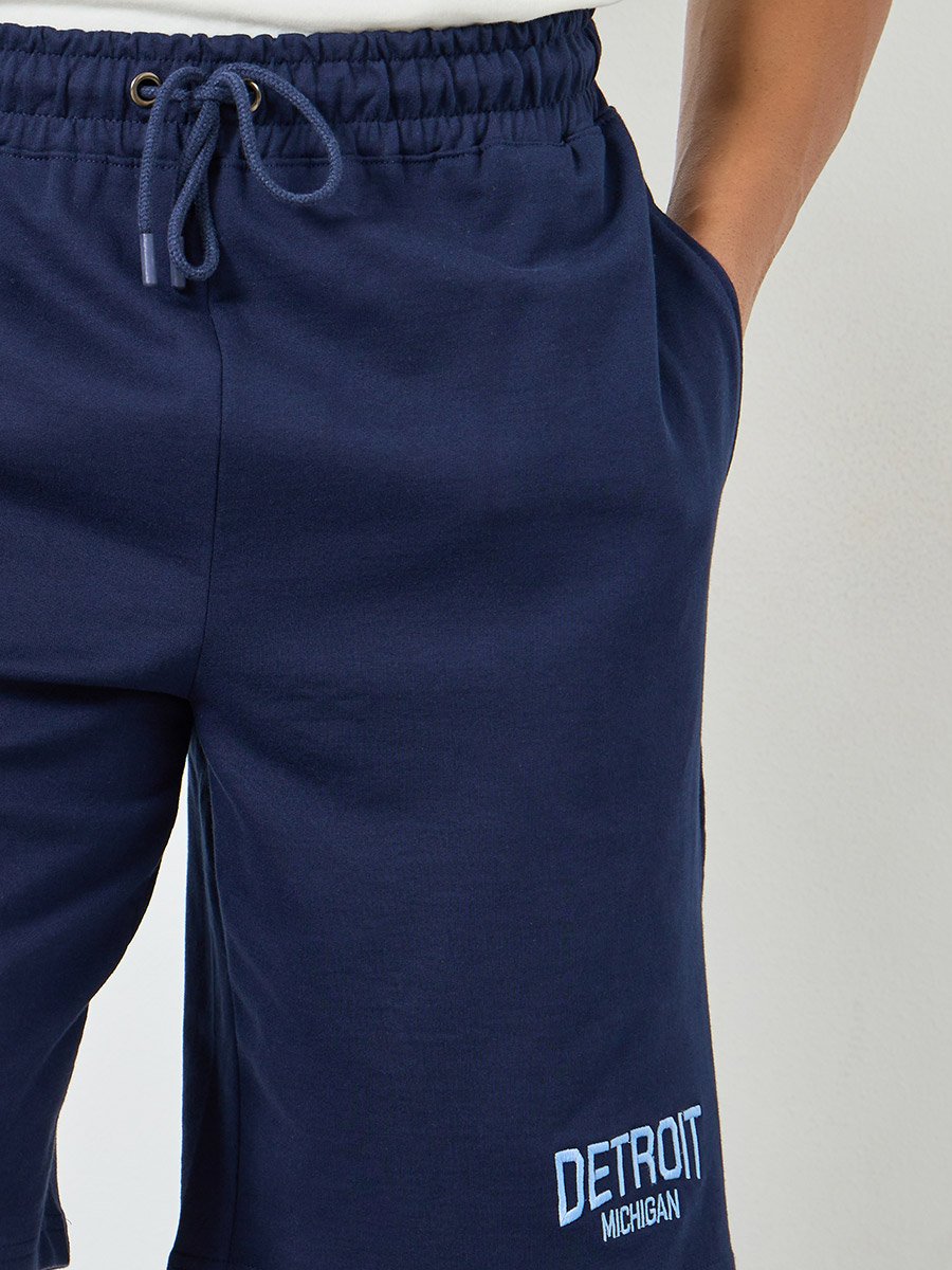 Men Navy Blue Embroidered Shorts