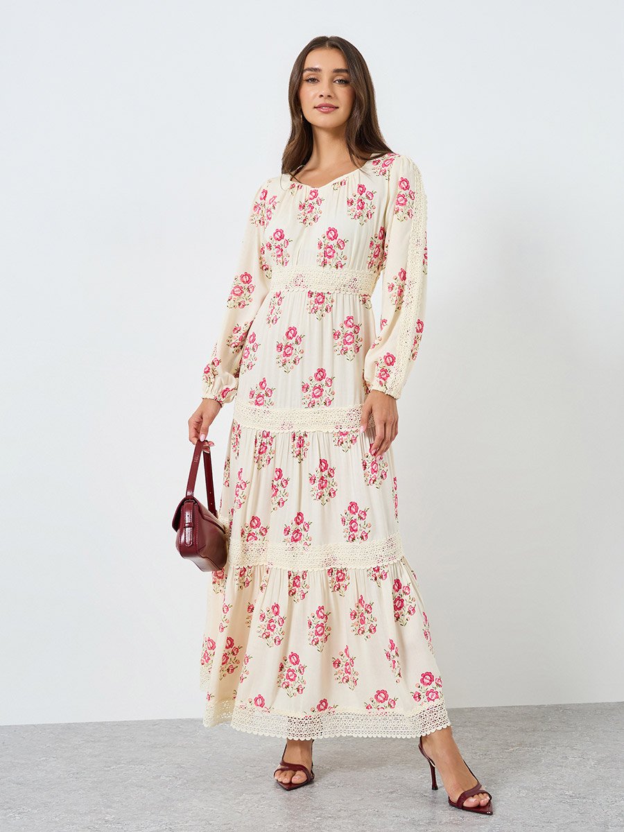 Women Pink Floral Print Tiered Maxi Dress