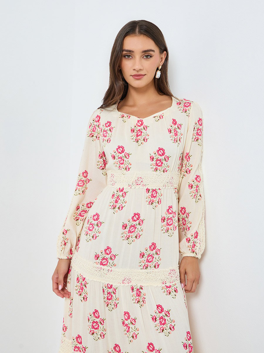 Women Pink Floral Print Tiered Maxi Dress
