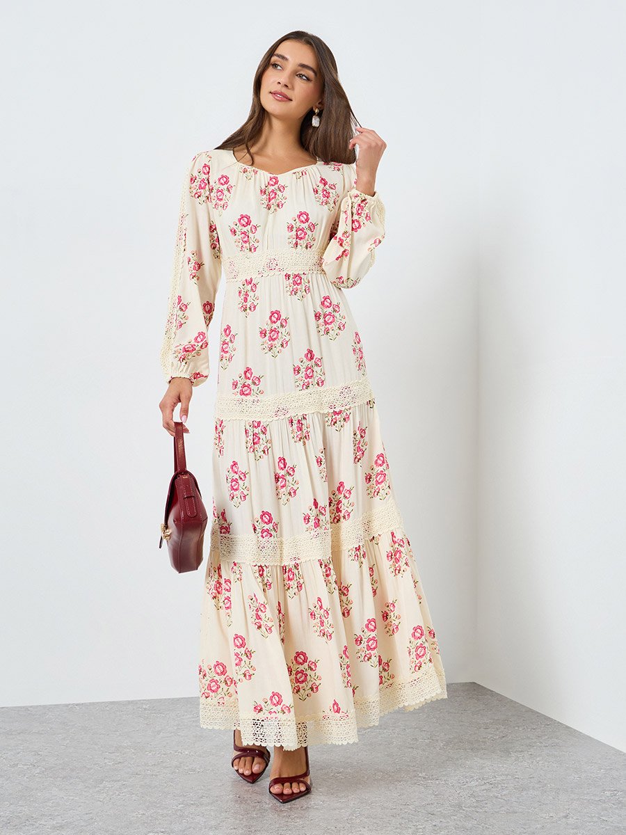 Women Pink Floral Print Tiered Maxi Dress