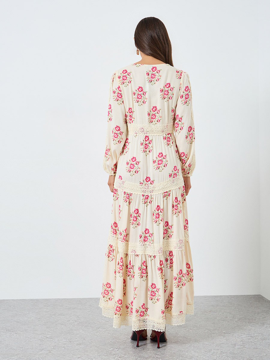 Women Pink Floral Print Tiered Maxi Dress