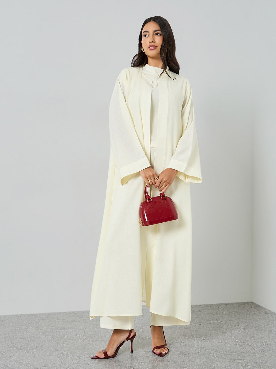 Cream Front Open Solid Abaya