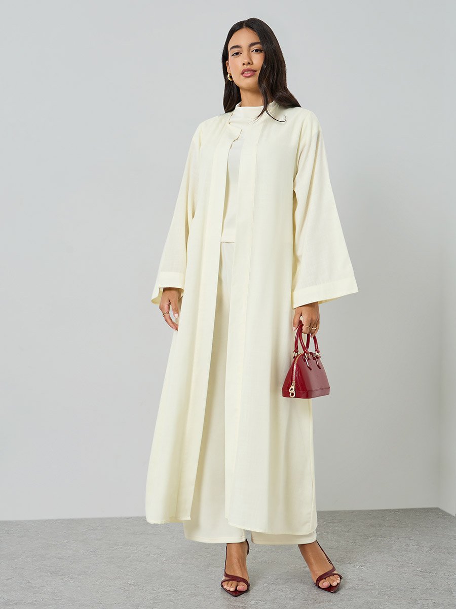 Cream Front Open Solid Abaya