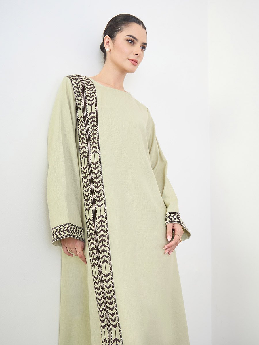 Green Printed Panel Long Sleeves Jalabiya