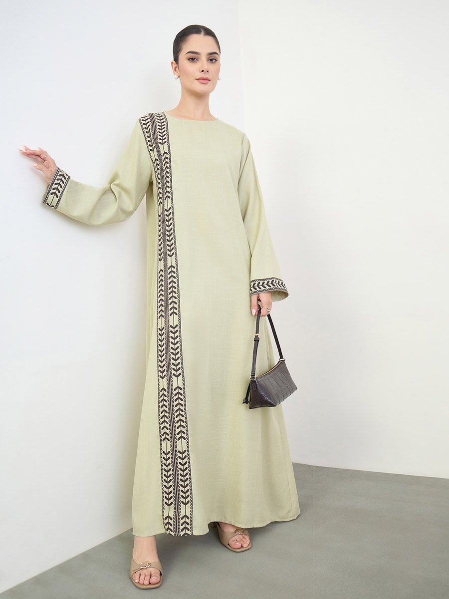Green Printed Panel Long Sleeves Jalabiya