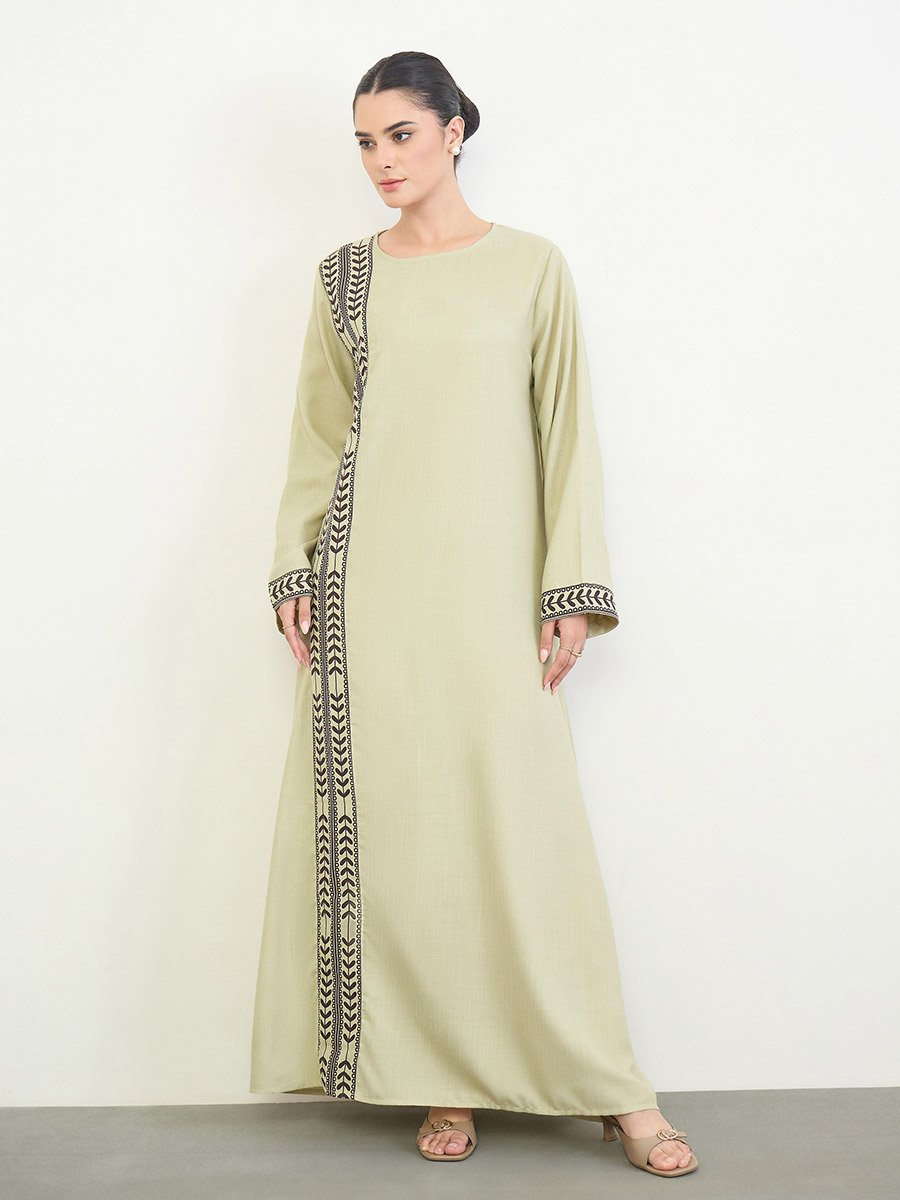 Green Printed Panel Long Sleeves Jalabiya