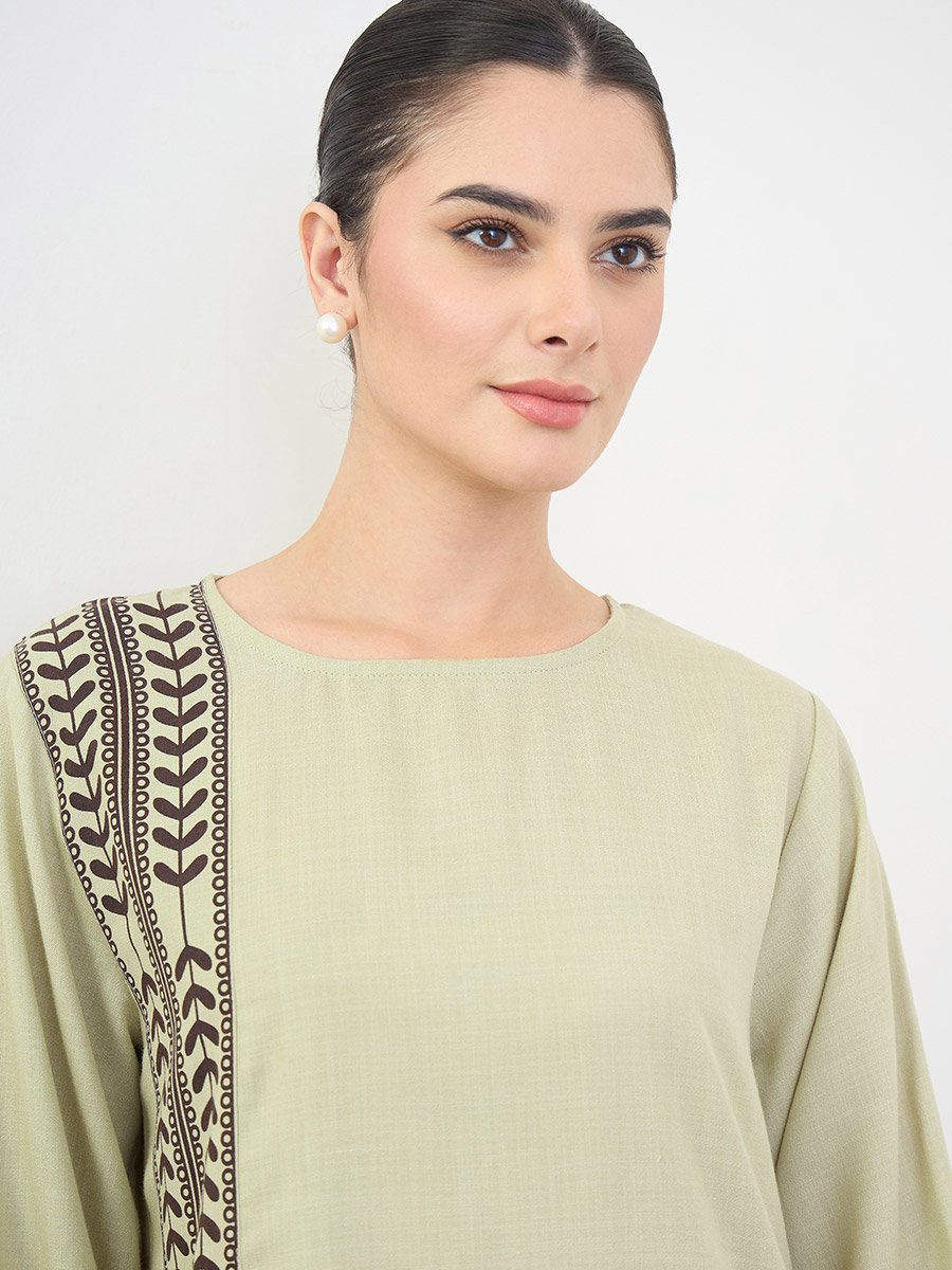Green Printed Panel Long Sleeves Jalabiya