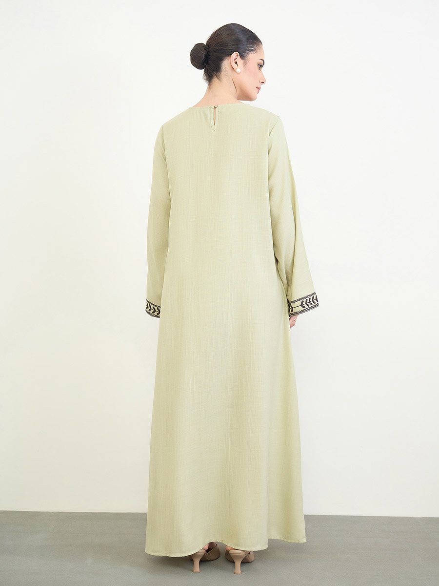 Green Printed Panel Long Sleeves Jalabiya