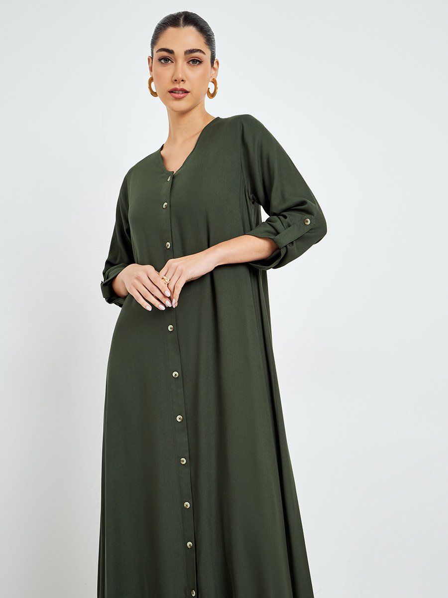 Olive Buttoned Roll-Up Sleeve Jalabiya
