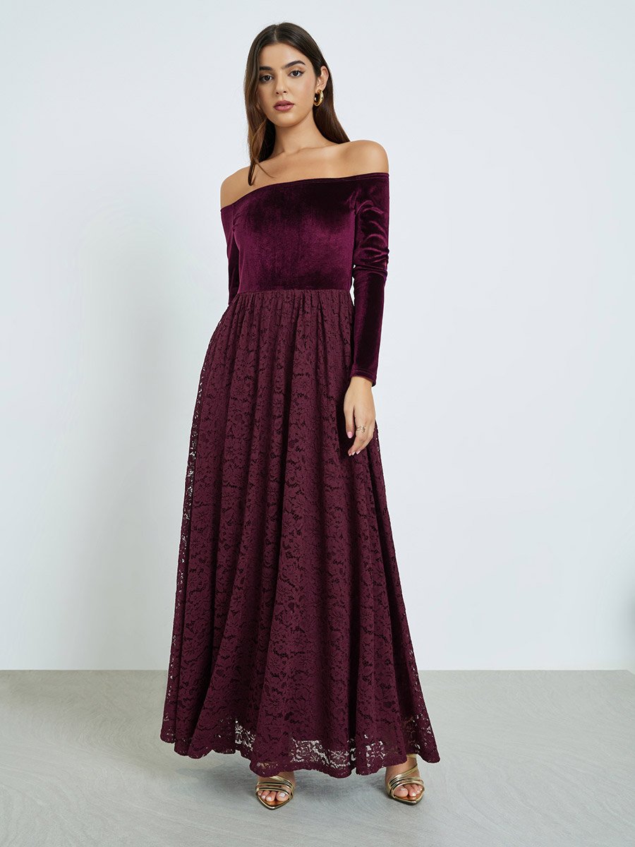 Burgundy Off Shoulder Lace Insert Maxi Dress