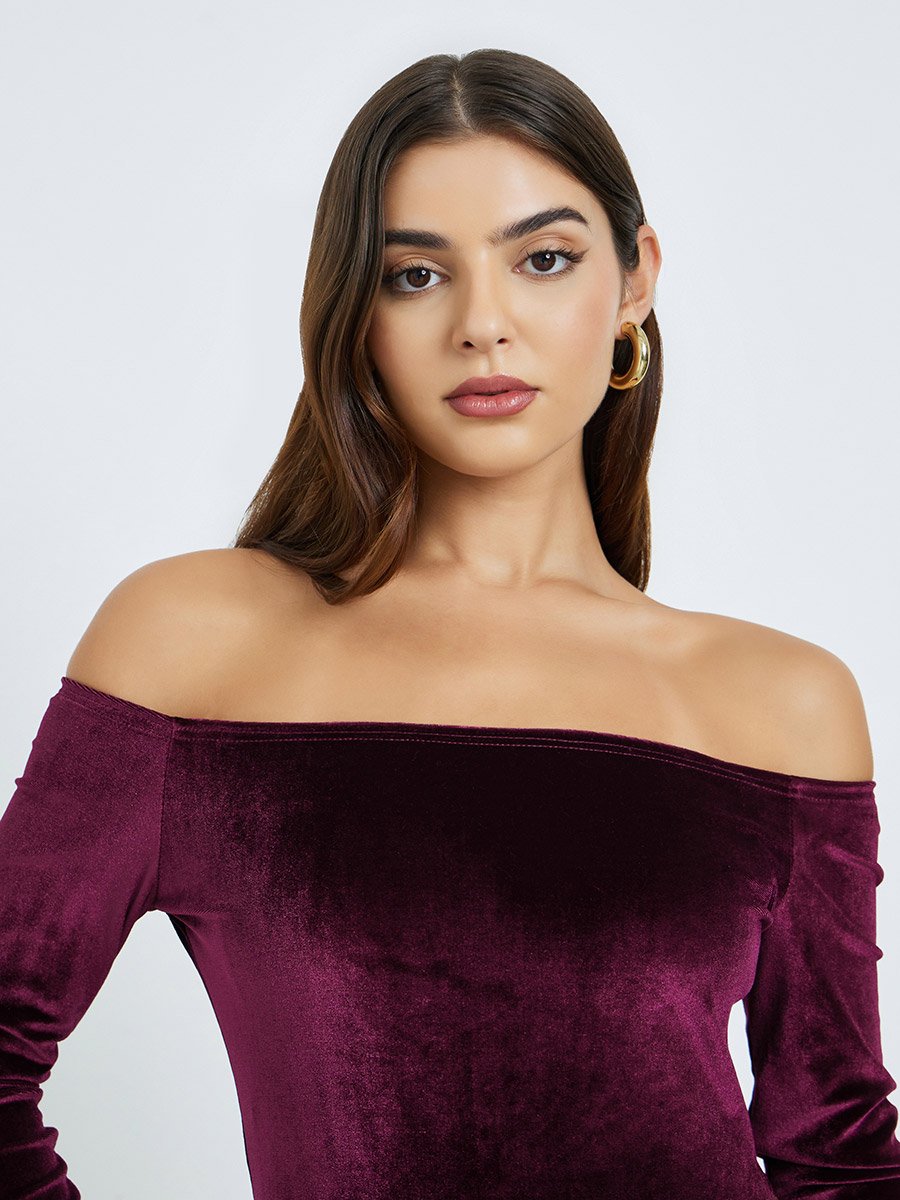 Burgundy Off Shoulder Lace Insert Maxi Dress