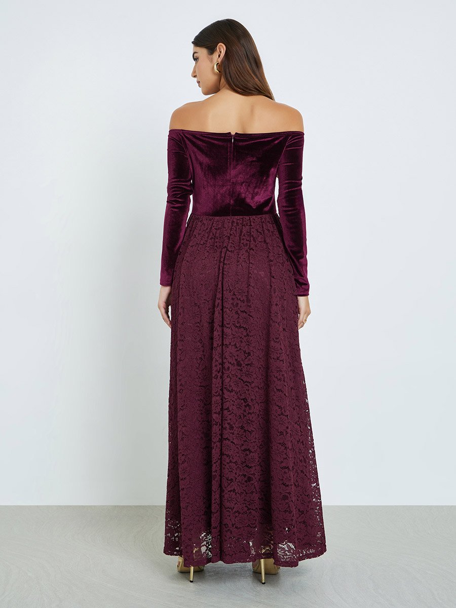 Burgundy Off Shoulder Lace Insert Maxi Dress