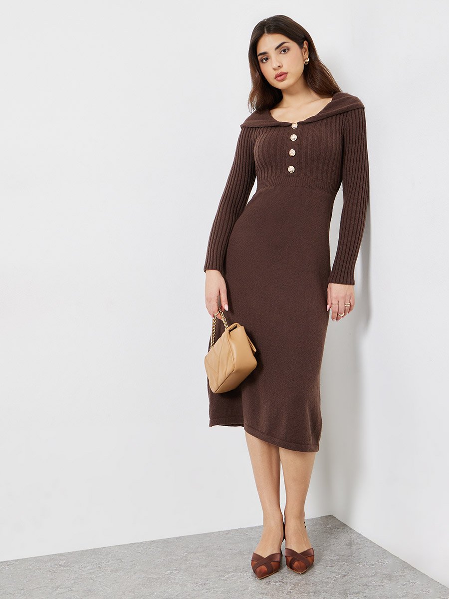 Brown Long Sleeves Sweater Midi Dress