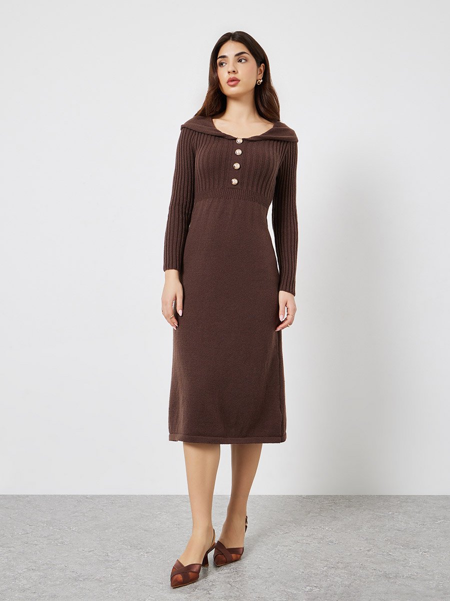 Brown Long Sleeves Sweater Midi Dress