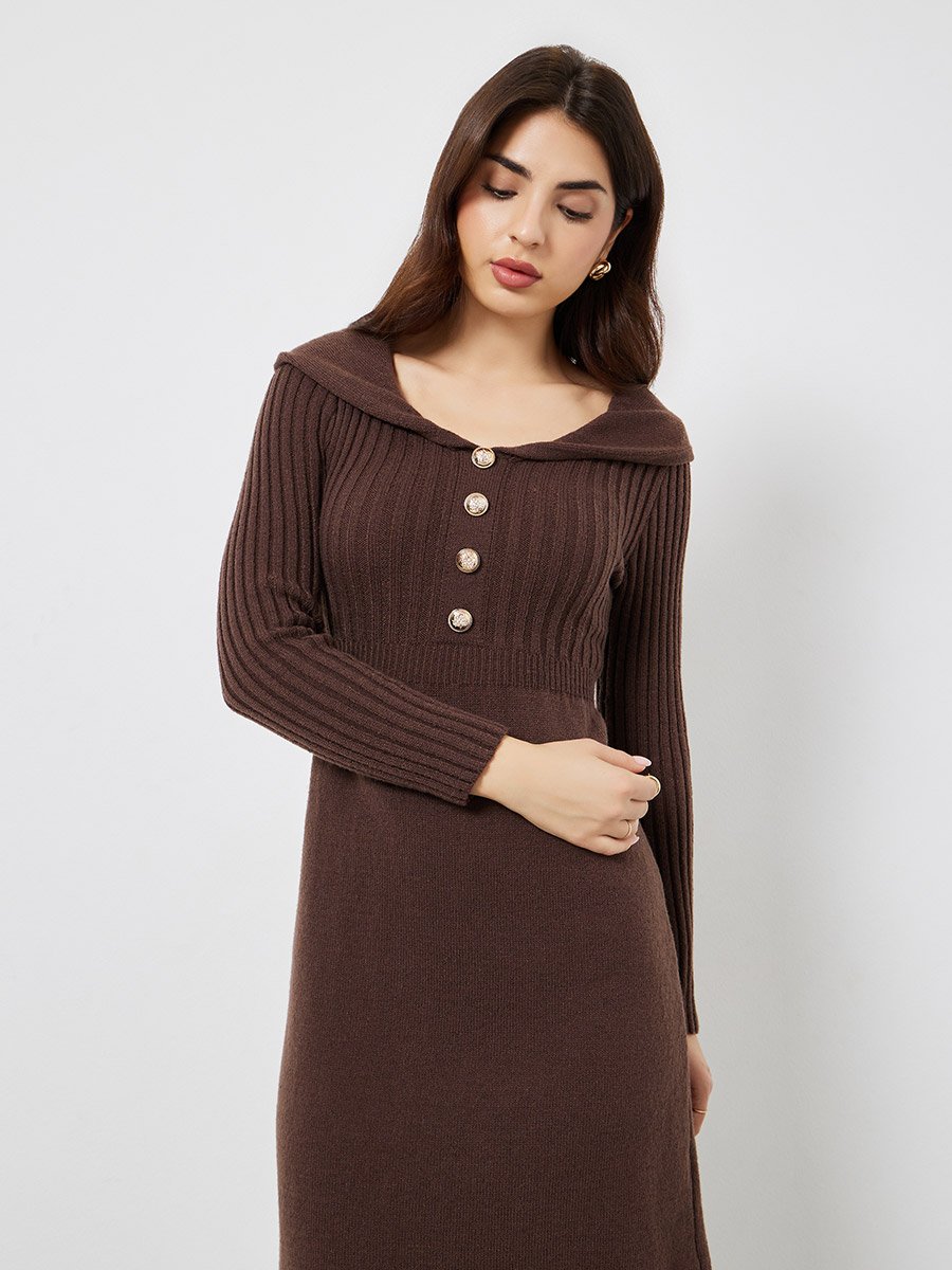 Brown Long Sleeves Sweater Midi Dress