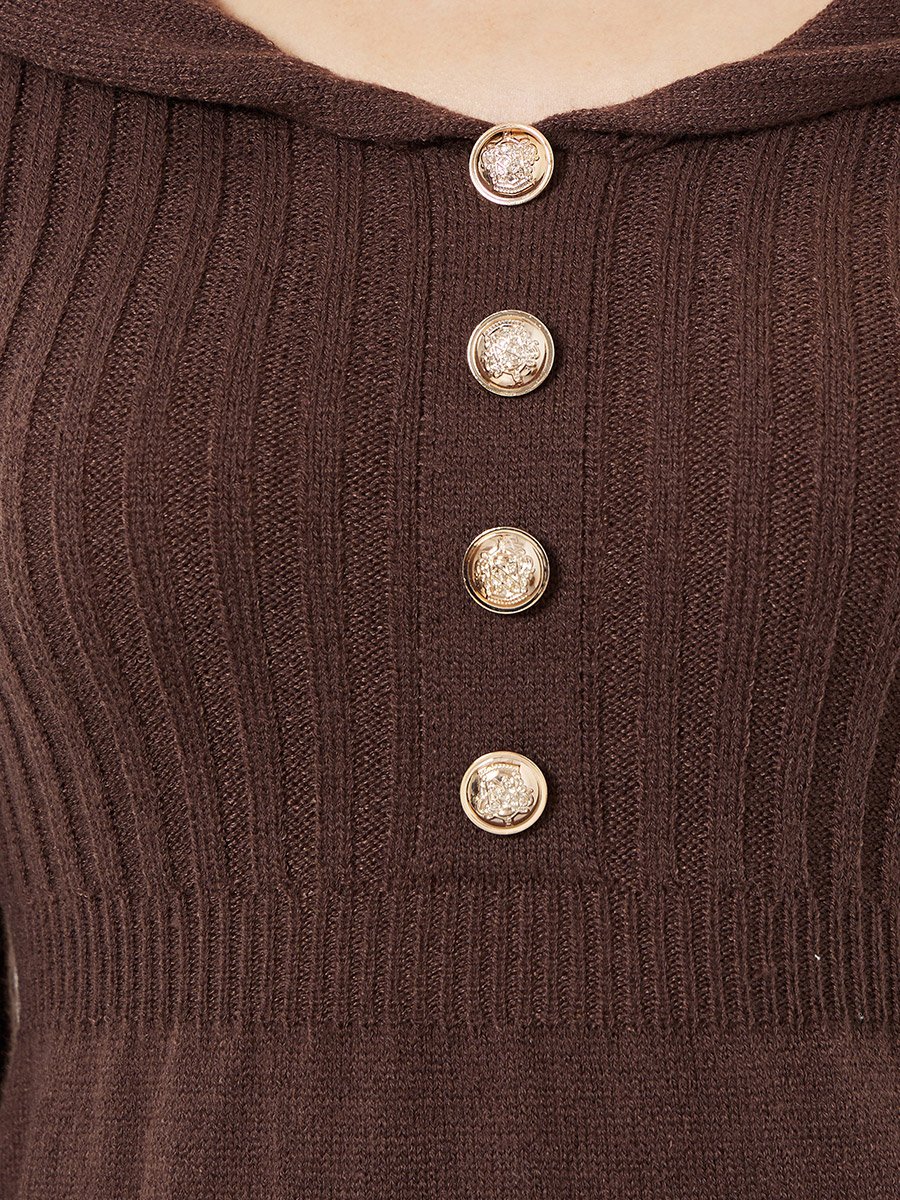 Brown Long Sleeves Sweater Midi Dress