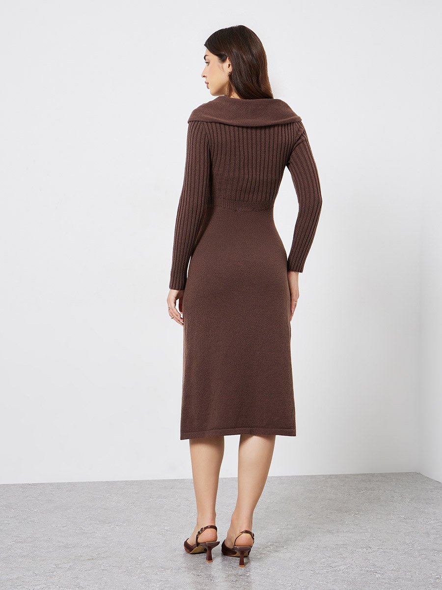 Brown Long Sleeves Sweater Midi Dress