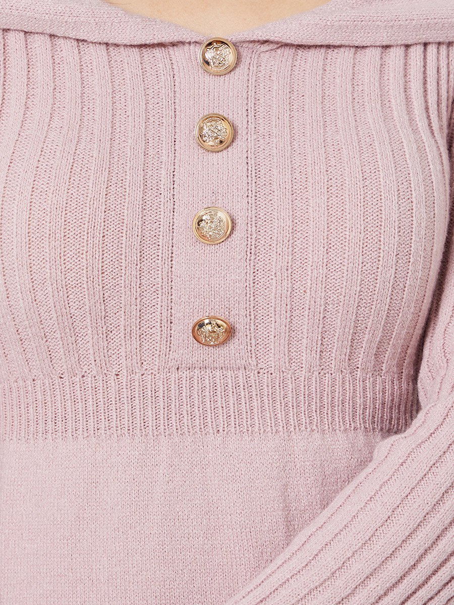 Pink Long Sleeves Sweater Midi Dress