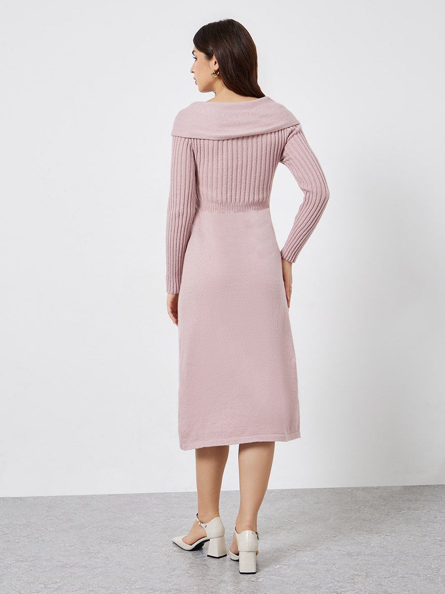 Pink Long Sleeves Sweater Midi Dress
