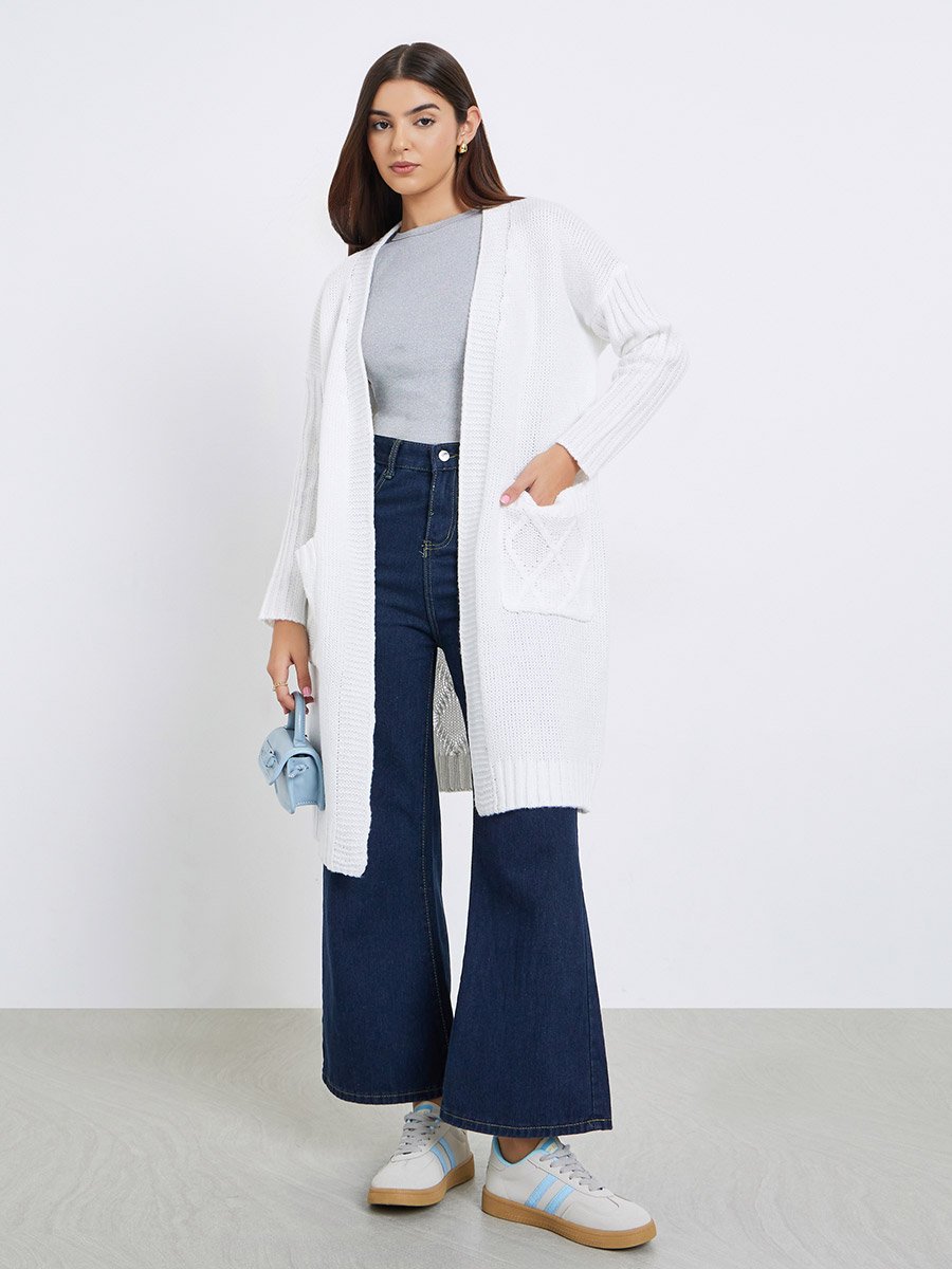 White Front Open Knit Midi Cardigan