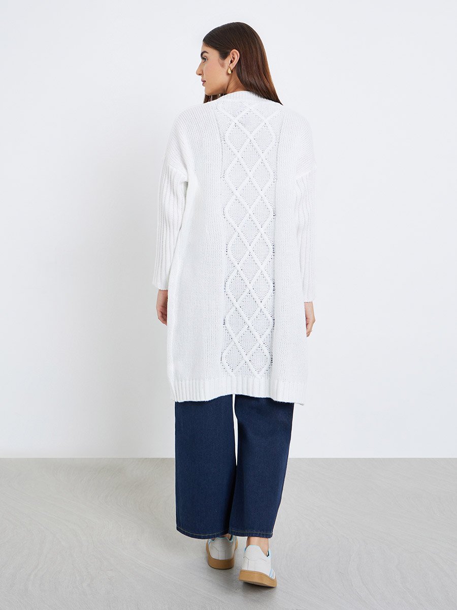 White Front Open Knit Midi Cardigan