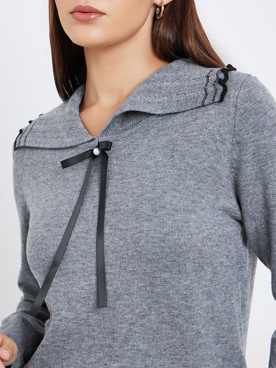 Flat Lapel Bow Detail Long Sleeve Sweater
