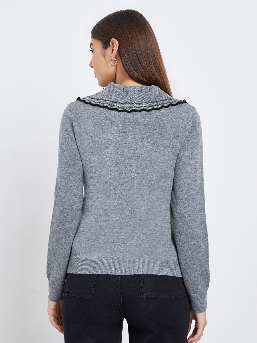 Flat Lapel Bow Detail Long Sleeve Sweater