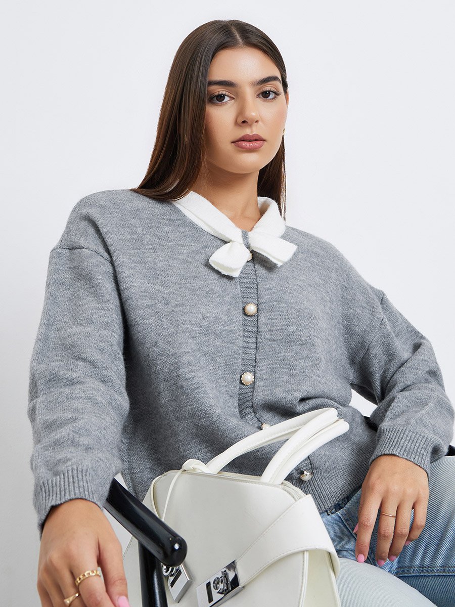 Women Grey Solid Tie-Up Neck Sweater with Faux Pearl Detail
