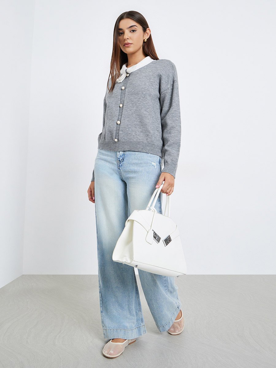 Women Grey Solid Tie-Up Neck Sweater with Faux Pearl Detail