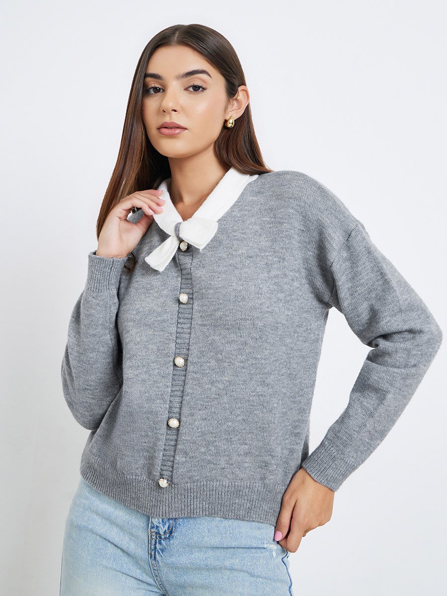 Women Grey Solid Tie-Up Neck Sweater with Faux Pearl Detail