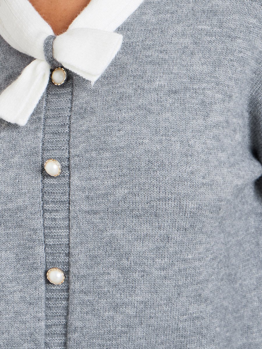 Women Grey Solid Tie-Up Neck Sweater with Faux Pearl Detail