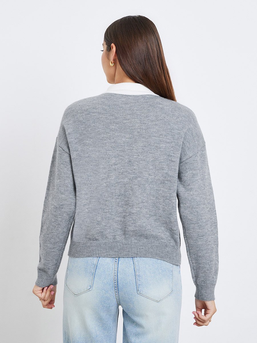 Women Grey Solid Tie-Up Neck Sweater with Faux Pearl Detail
