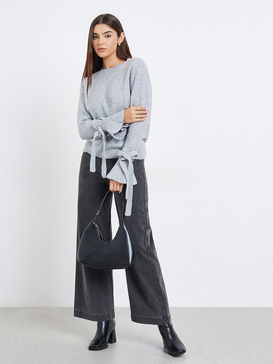 Women Grey Solid Bow Detail Flared Cuff Sweater