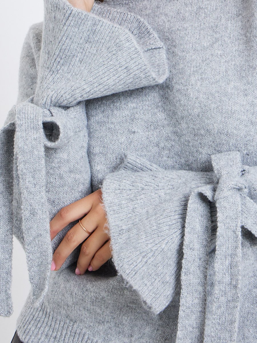 Women Grey Solid Bow Detail Flared Cuff Sweater