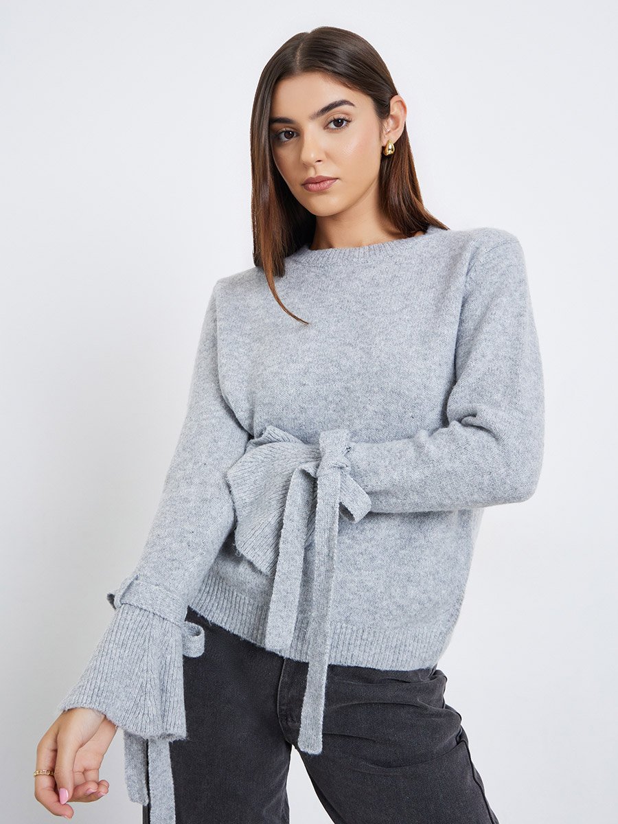 Women Grey Solid Bow Detail Flared Cuff Sweater