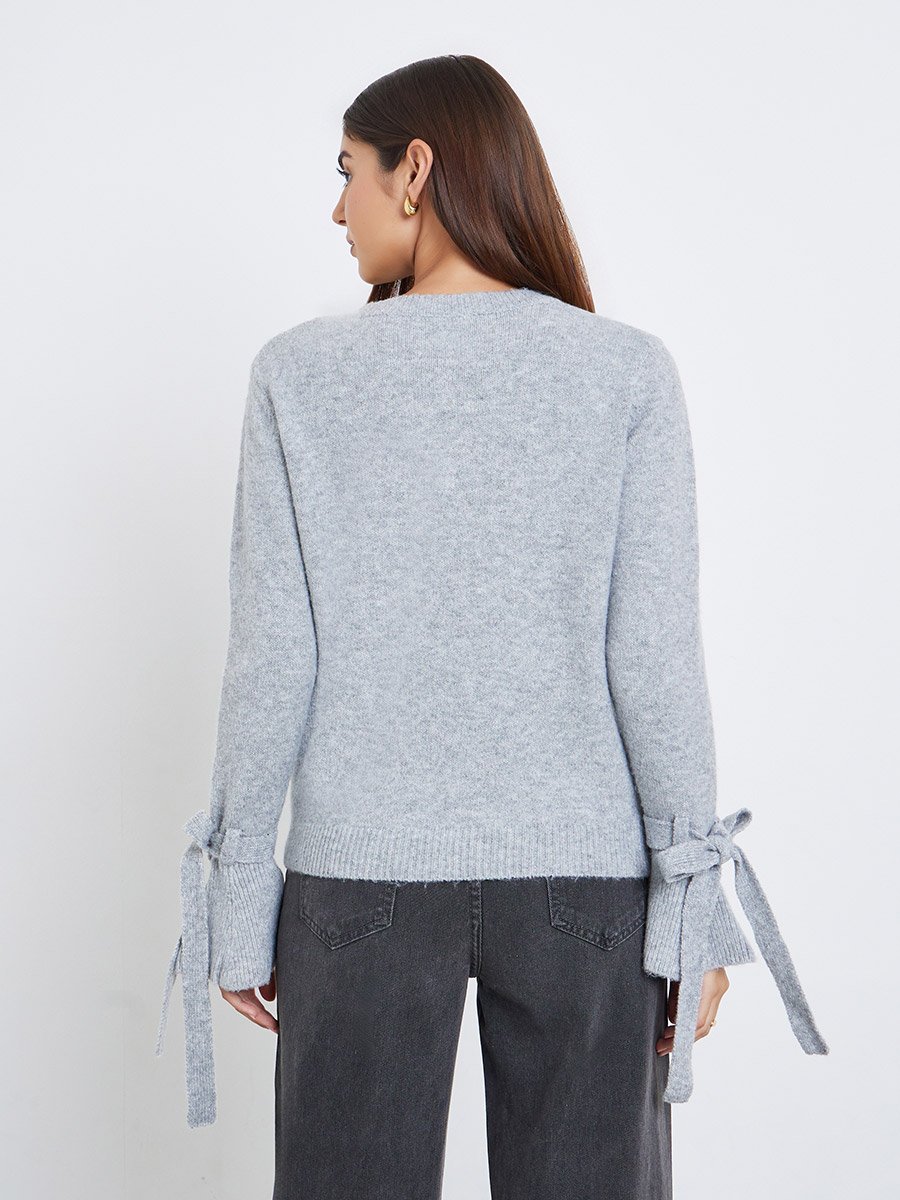 Women Grey Solid Bow Detail Flared Cuff Sweater