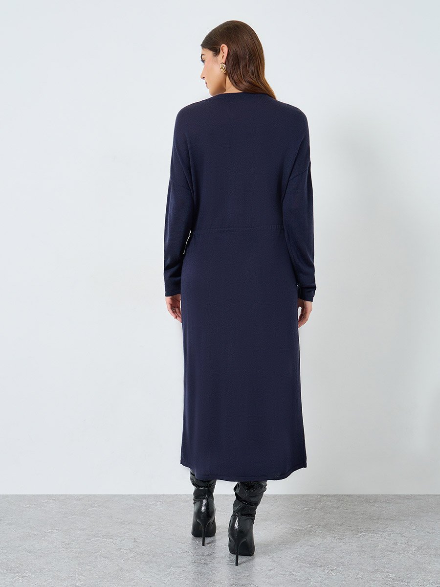 Solid Belted Round Neck Knitted Midi Dress