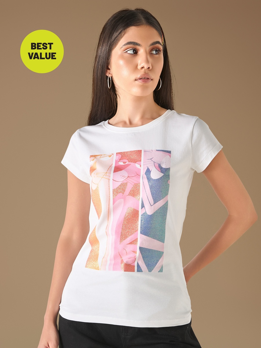 Pink Panther Print T-Shirt with Crew Neck and Short Sleeves